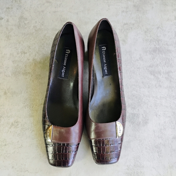 Etienne Aigner Maye Croc Embossed Leather Pumps Womens 7.5W Square Toe Office - Picture 4 of 13